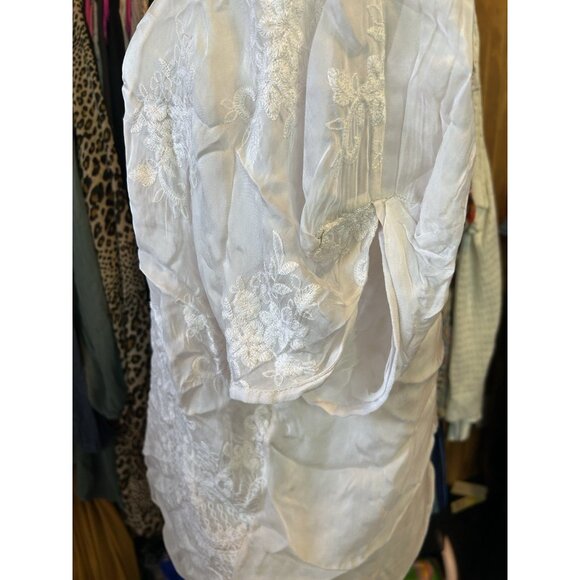 Angela Moda Pink Champagne Silk Blouse Floral Pink Embroidered Silk ITALY Sz L - Picture 6 of 10